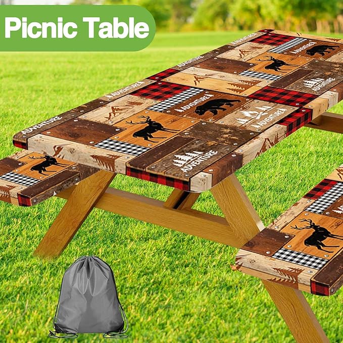JAWO Rustic Cabin Style Picnic Table Cover with Bench Covers, Elastic Fitted Tablecloth, Lumberjack Buffalo Plaid & Bear Deer Adventure Pattern for Camping, Hunting Trips, 72x30 Inch