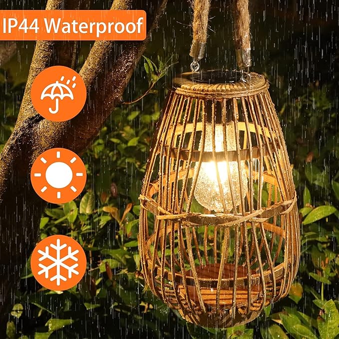 Solar Lantern Outdoor Waterproof Large Rattan Lanterns Decorative Bright Boho Lanterns Lights with Handle Rustic Hanging or Table Lamp for Fence Porch Garden Yard Wedding Decoration