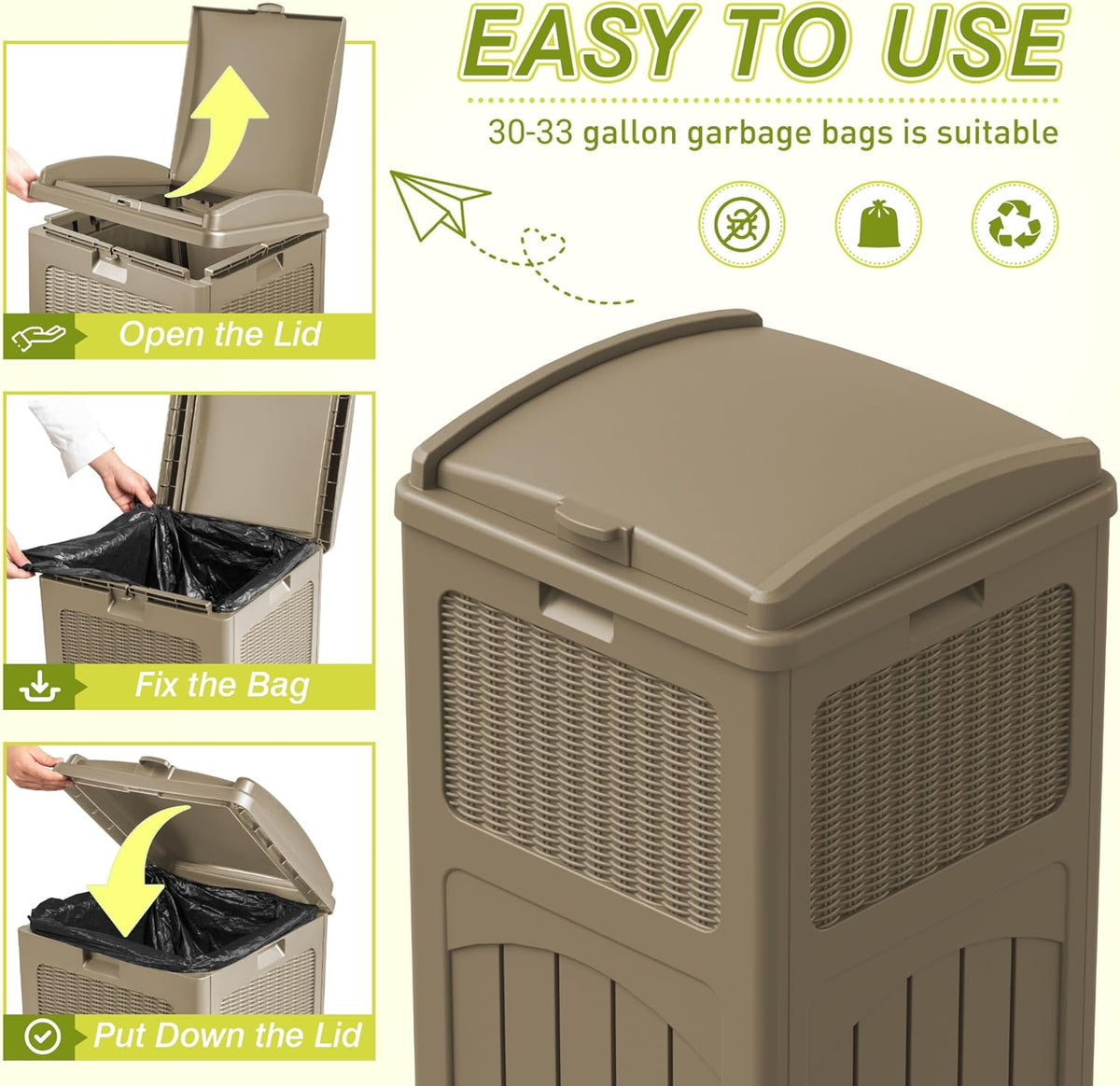 Greesum 33 Gallon Resin Outdoor Trash Can with Lid, Waterproof Resin Garbage Bin for Hideaway, Patio, Deck, Light Brown