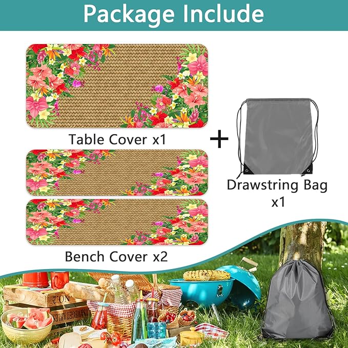 JAWO Hawaiian Tropical Floral Picnic Table Cover with Bench Covers, 3PCS Waterproof Polyester Elastic Fitted Outdoor Tablecloth, Camping BBQ RV Patio Luau Party Essentials with Carry Bag,72in
