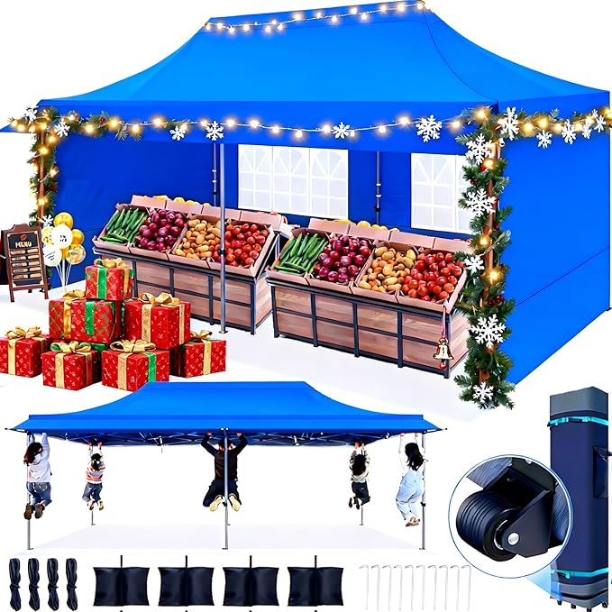 COBIZI 10x20 Pop Up Canopy Tent Heavy Duty with Sidewalls, Outdoor Commercial Canopy with Awning, Waterproof&45 SF Extended Awning, Vendor Tent for Market, Party Events, Blue