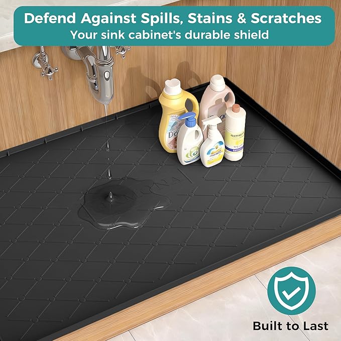 URMONA 25" x 19" Waterproof Silicone Mat in Multiple Sizes & Colors, Under Sink Mat for Kitchen & Bathroom, Pet Food Pad for Dogs & Cats, Kitchen Cabinet Liner, Multi-Purpose for Storage(Khaki)