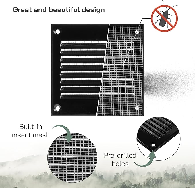 Vent Systems 4'' x 4'' Inch (Overall Dimensions) - Black Air Vent Cover - Metal Air Return Grill with Built in Guard Screen - HVAC Ducting Vent Duct Cover for Interior, Exterior Use