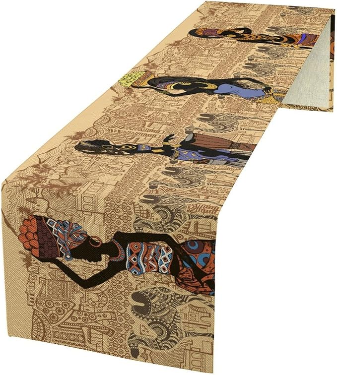 African Black Woman Table Runners, American Art Ethnic Tribe Elephant Table Runners for Wedding Party Banquet Dinner Kitchen Coffee 13x108in