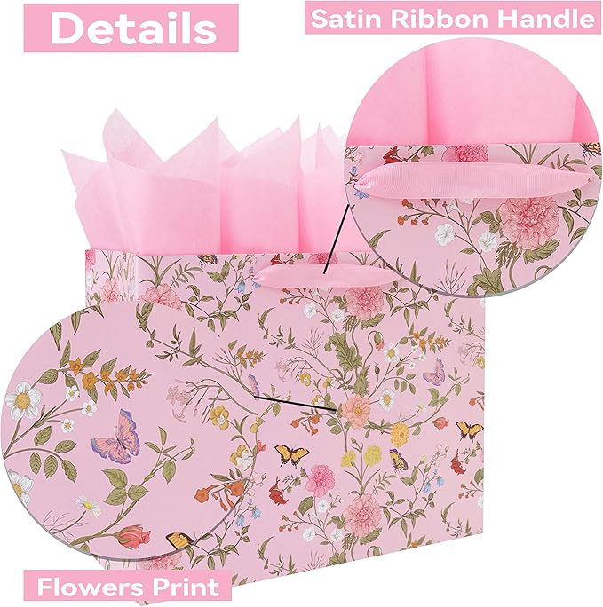 13'' Large Flowers Gift Bag Set with Handles, Greeting Card, Purple Tissue Papers and Stickers for Girls Women Kids Teens for Birthday Party, Mother's Day, Weddings, Anniversaries, Floral Design, 1 Pcs
