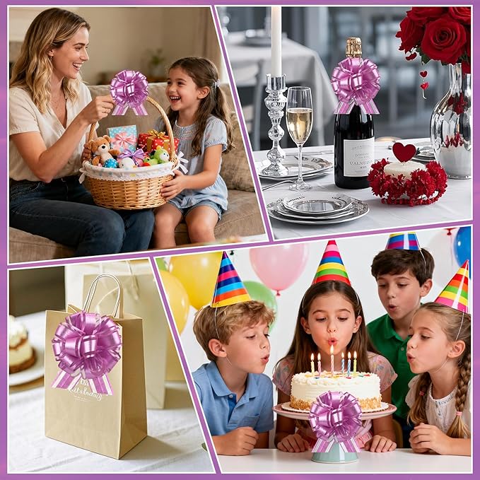 24pcs Pink Pull Bow for Gift Basket Wrapping Xmas Gift Bows Presents Adhesive Wrap Ribbon Bow for Christmas Tree Bottles Bouquet Flower Valentine's Day Party Decor (Pink-G)