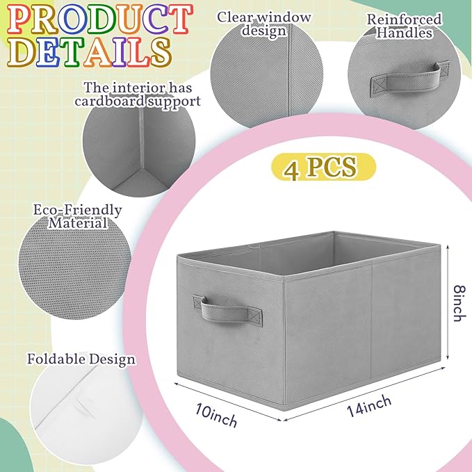 Yinder 4 Pcs Cube Storage Bin Gray 14''x10''x8'' Storage Bins for Playroom Decor Colorful Bins for Kids Foldable Baskets for Nursery Organizer Boxes Fabric Boxes