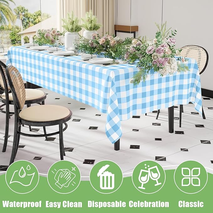 Smiry 5 Pack Baby Bule Gingham Disposable Tablecloths - 54" x 108" Heavy Duty Plastic Table Cloth, Waterproof Buffalo Plaid Table Covers for Picnic, Banquets, Parties
