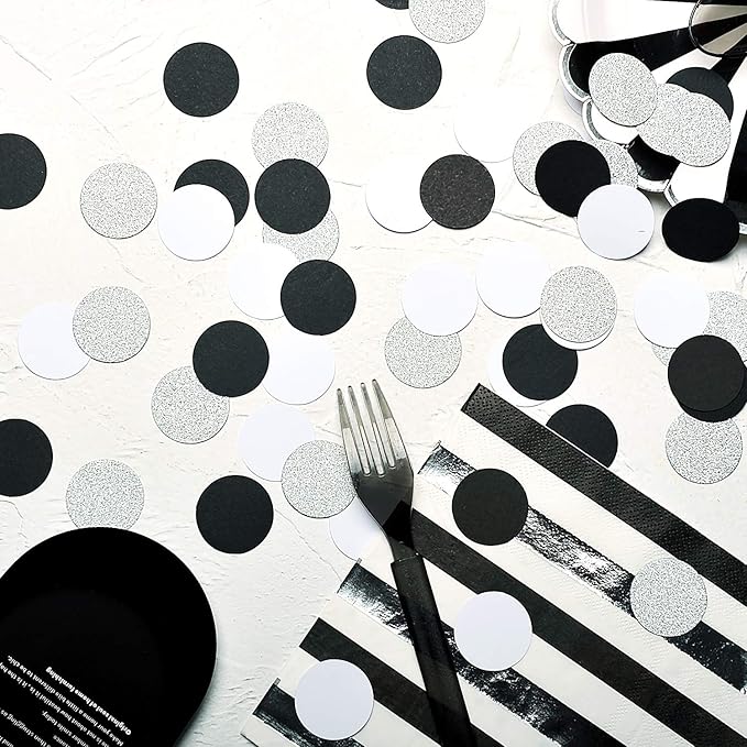 Glitter Confetti Circle Dots for Table Wedding Birthday Party Decoration, 1.2 inch in Diameter (silver glitter,black,white,200pc)