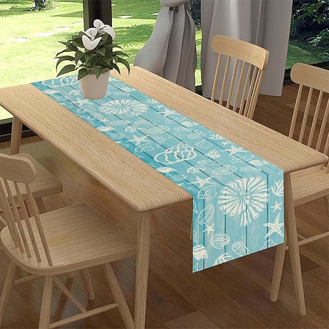 Beach Starfish Table Runner, Blue Wooden Nautical Coastal Ocean Seashell Teal Print Summer Vintage Coffee Table Center Decor for Family Holiday Party Kitchen Farmhouse Table Decorations, 13" X 36"