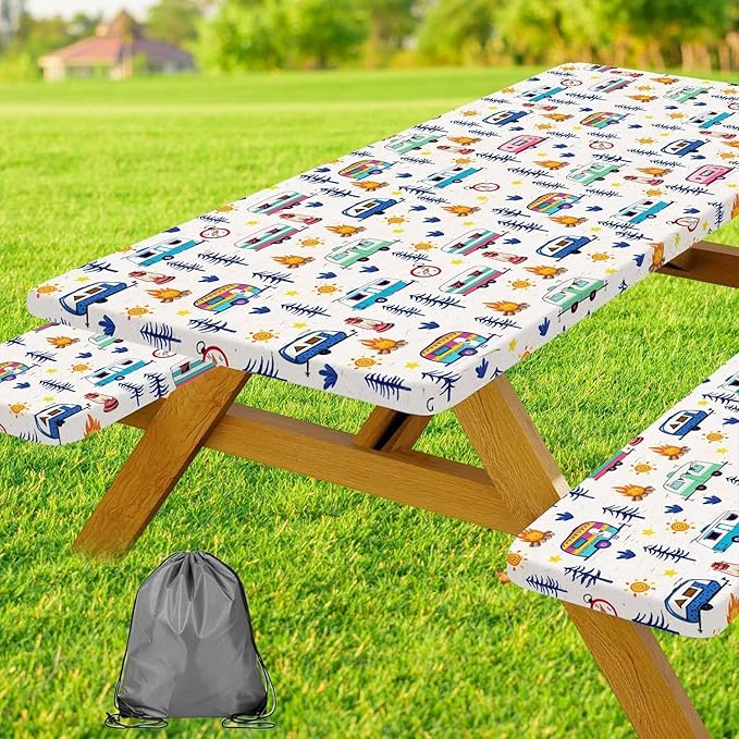 Camping Picnic Table Cover with Bench Covers, Wooden Camper RV Camping Tablecloth Fitted Picnic Table Covers for Indoor Family Garden Outdoor Party Decorations, 3 Pieces Set, 30X72in