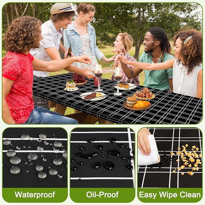Picnic Table Cover with Bench Covers Portable Table Cloth Built-in Storage Pocket Fitted Tablecloth with Elastic Edges Waterproof Camping Essentials for Indoor Outdoor Rv,72in,Black
