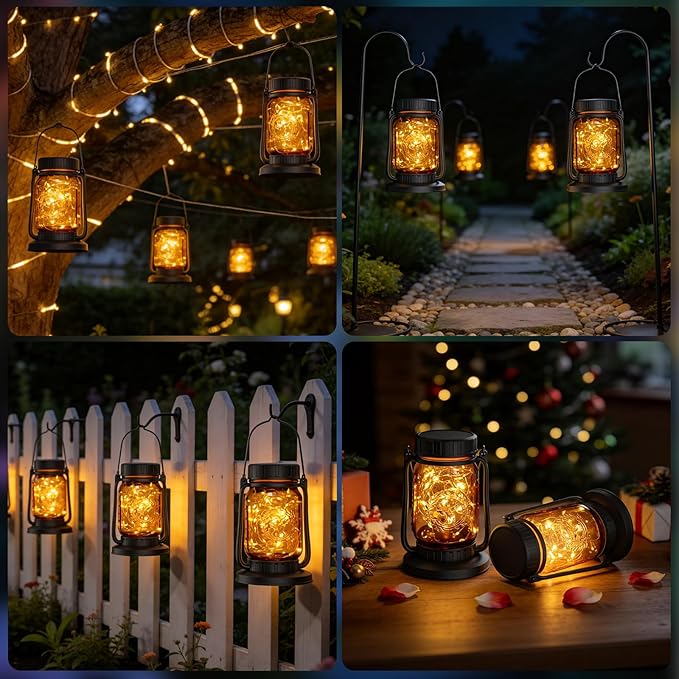 Solar Mason Jar Lantern Outdoor Waterproof, Hanging Solar Lantern Lights for Outside, Fairy Glass Decorative Lantern for Yard Patio Garden Porch Table Wedding, 2 Pack