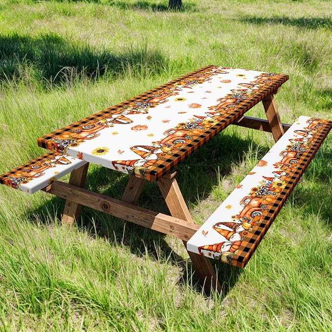 Fall Picnic Table Cover with Bench Covers, Camping Essentials, Thanksgiving Buffalo Plaid Floral Waterproof Windproof, Fitted Tablecloth Cover with Elastic Edge, Indoor & Outdoor, 3 PCS, 30x60 Inch