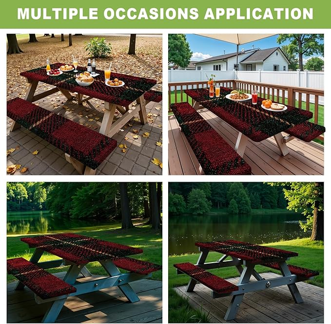 ANNA QUEEN 6FT Red Christmas Picnic Table Cover with Bench Covers Picnic Table Cover Set 3PCS 72"x30", Waterproof Outdoor Bench and Tablecloth Furniture Protection for Camping Beach BBQ