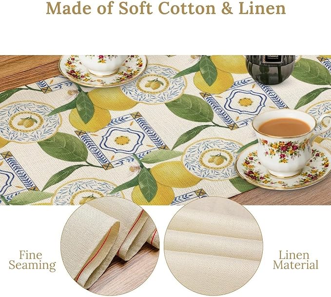 Tiles Lemon Table Runner, Watercolor Italian Tile Floral Plant Print Table Runner for Farmhouse Coffee Home Kitchen Dining Outdoor Party 13x60in