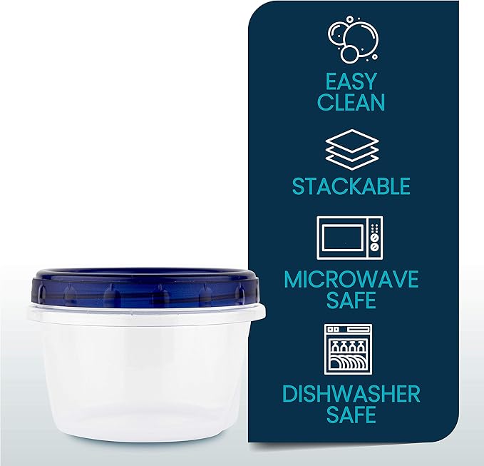 PLASTICPRO [16 oz 10 Pack] Twist Top Deli Containers Clear bottom With blue Top Twist on Lids Reusable, Stackable, Food Storage Freezer Container