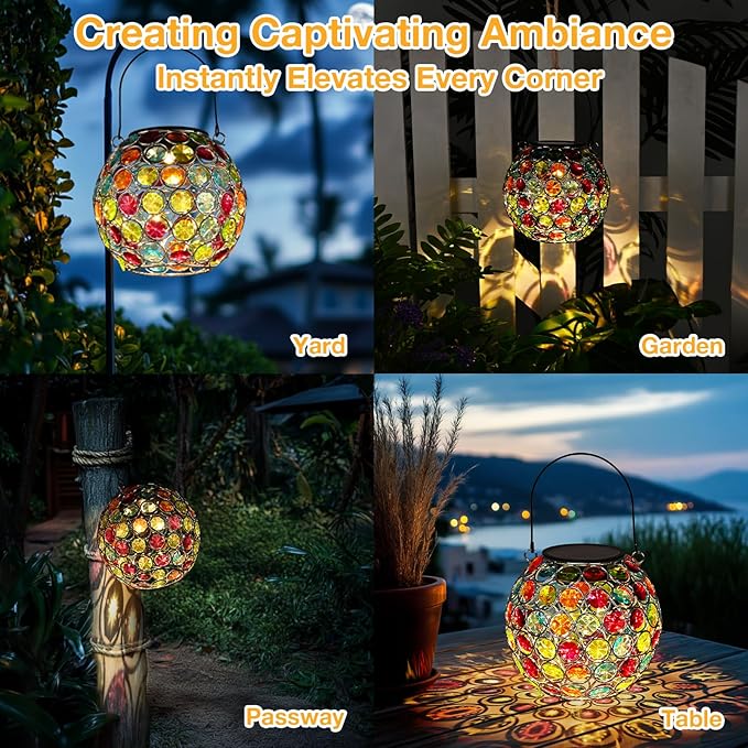Uspring 2 Pack Crystal Mosaic Solar Lanterns Outdoor Waterproof Decorative Hanging Solar Lights for Outside, Gifts for Women Mom Grandma Garden Decor for Patio Backyard Porch Pathway Lawn Walkway, Red