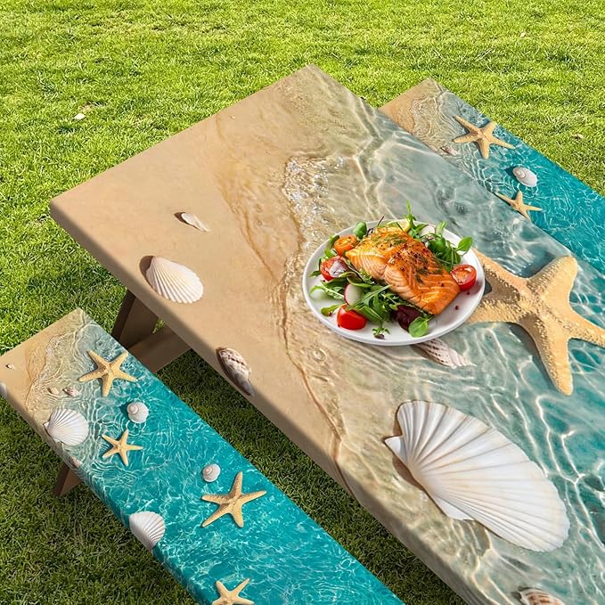 Picnic Table Cover with Bench Covers Elastic Edges, Beach Fitted Table Cover, Outdoor Patio Camping Essentials 96 Inch 3PCS, Waterproof Camping Fitted Tablecloth with Drawstring Bag
