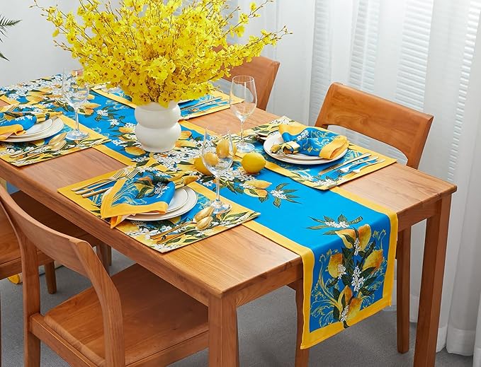 YiHomer Provence Blue Lemon Mediterranean Tile Tabletop for Spring Summer Decorations, Picnics and Dinner Parties - Indoor Outdoor, Stain and Water Resistant, Table Runner, 14 x 72
