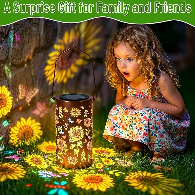 2 Pack Upgraded Colorful Sunflower Solar Lanterns Outdoor Waterproof, Decorative Metal Hanging Solar Lantern for Patio Porch Courtyard Tabletop Pathway Garden Decor, Ideal Gifts for Mom Wife Grandma