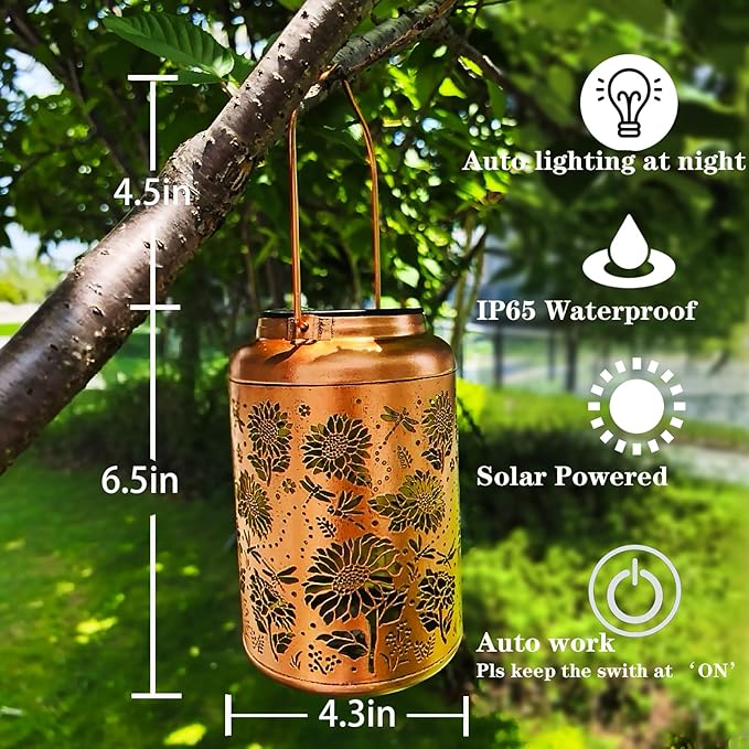 Merrytech Birthday Gifts for Women Mom Grandma Ideas,Solar Lanterns Outdoor Waterproof,Dragonfly & Sunflower Hanging Metal Garden Decor Art Lights,Decorative Solar Powered Lantern for Patio Yard Porch