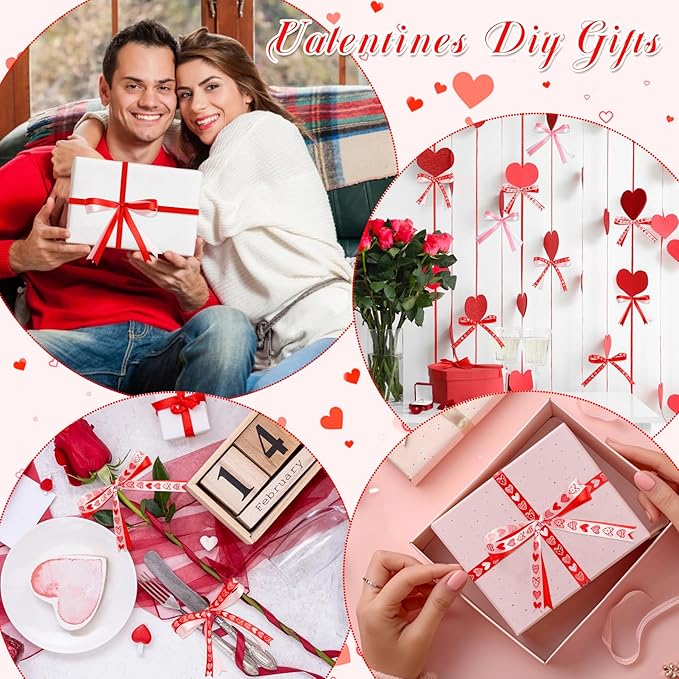 6 pcs Valentine’s Day Ribbon Set, 3/8 Inch Heart Satin Ribbons for Candy Gift Wrapping Flower Home Decoration(Red Pink)