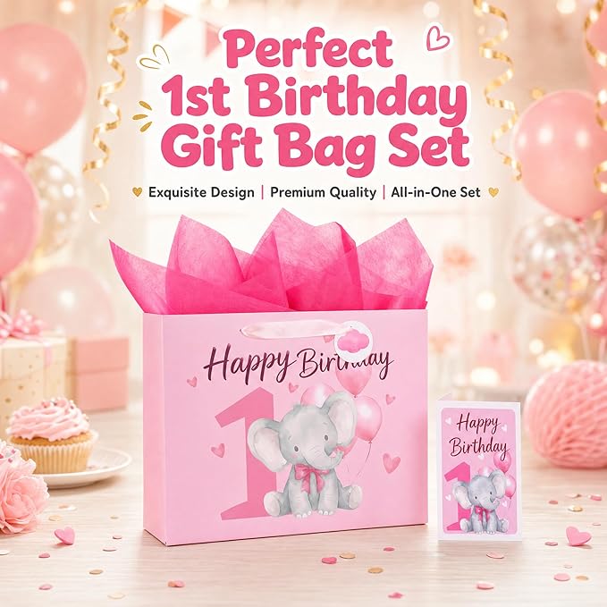 Powbrace 13" Pink Happy Birthday Gift Bag with Tissue Paper and Greeting Card for Party,Happy Birthday Gift Bag for Girls Babies,Gift Bags Medium size(1 PCS Pink Cartoon)
