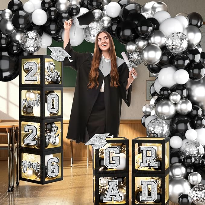 Graduation Decorations Class of 2026,Black and Silver Graduation Decorations 2026,Grad Boxes with Letters 2026 So Proud of You & Grad 2026 for College Graduation Party Supplies