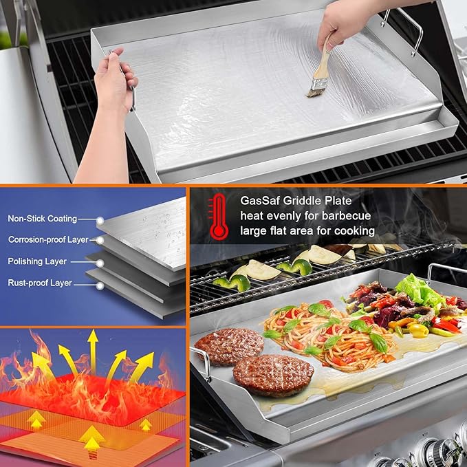 GasSaf Universal Stainless Steel Griddle, 25" x 16" Rectangular Cooking Griddle Plate Insert for Gas Grills/Stove, Large Grill Flat Top Pan with Grease Groove and Removable Handles for Camping