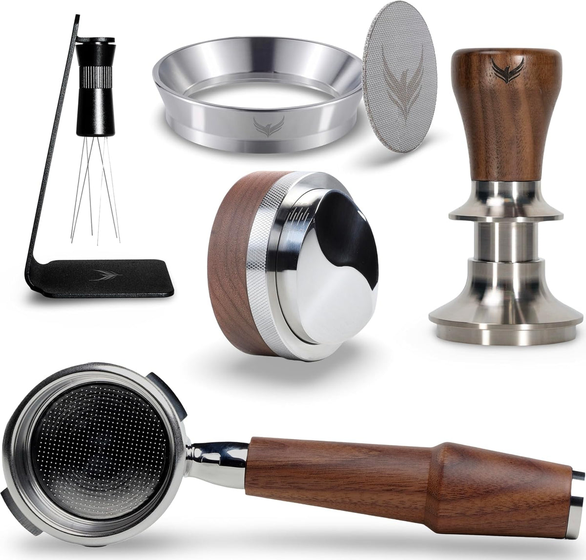 Walnut Espresso Accessories Set 58mm for Gaggia Bottomless Portafilter, Calibrated Tamper, Distribution Tool, Wdt, Dosing Cone and Puck Screen