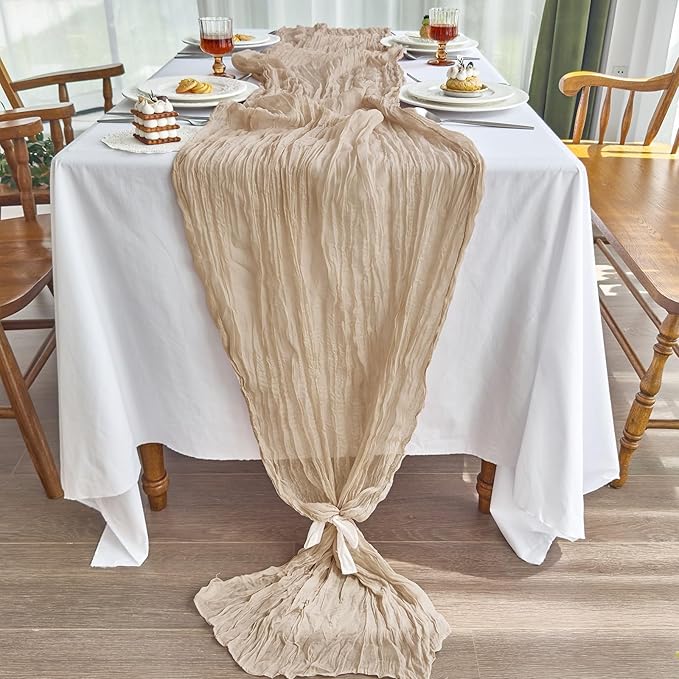 IVAPUPU 4 Pcs Cheesecloth Table Runner - 10ft Nude Spring Boho Gauze Cheese Cloth Table Runners for Baby Shower Decoration Wedding Party Garden Farmhouse