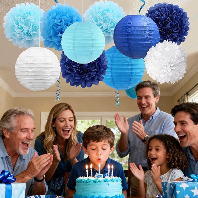 BEISHIDA Blue White Tissue Hanging Paper Flowers Lanterns Party Decorations Set for Birthday Graduation Baby Shower Bridal Bachelorette Wedding Photo Booth Backdrops Party Supplies(18 Packs)