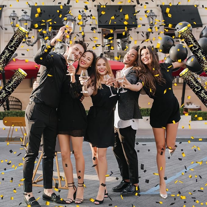 12" Black Gold Confetti Cannons Party Poppers for Birthday Graduation Wedding Retirement New Year Celebrations - Easy to Use, Paper and Foil Confetti - Pack of 6