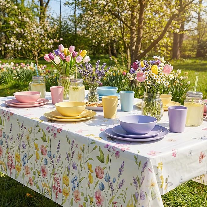 NatNarr 3 Pack Wildflower Plastic Tablecloths, 54 X 108Inch Spring Tablecloth Disposable Tea Party Table Cloth, Butterfly Wildflower Porcelain Tables Decor for Tea Party Birthday Garden Wedding Party
