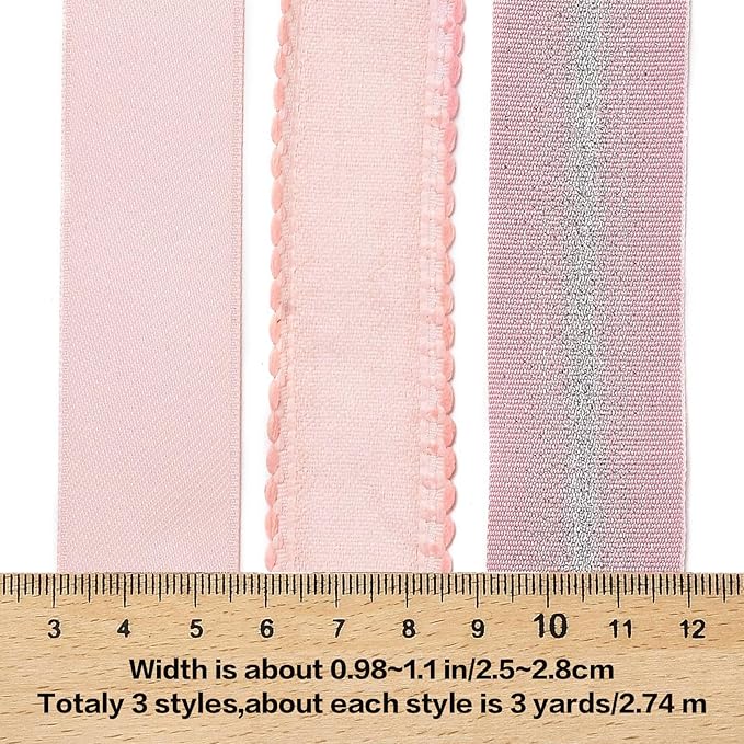 BEEFLYING 3 Styles Pink Wire Edged Ribbons for Gift Wrapping Decoration 25~28mm×2.7m Stripe Ribbons Satin Ribbons for Wedding Party Decoration Hair Bows Flower Designs Sewing and Craft, 9 Yards