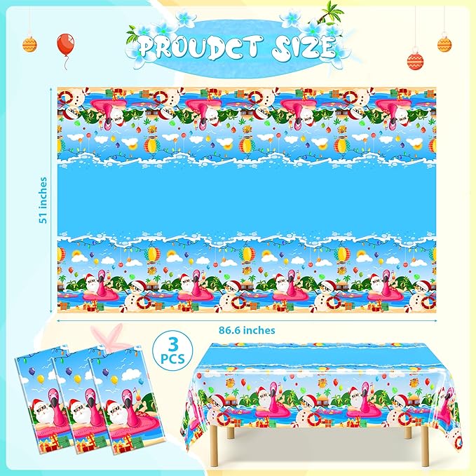 QZYL 3 Pcs Christmas July Tablecloths, 51 x 86.6 Inch Waterproof Summer Christmas Tablecloth, Disposable Santa Plastic Rectangle Table Cover, for Pool Beach Indoor Outdoor July Xmas Decorations