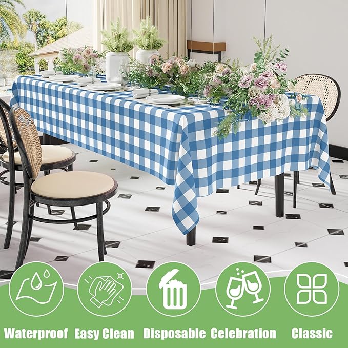 Smiry 6 Pack Aquamarine Gingham Disposable Tablecloths - 54" x 108" Heavy Duty Plastic Table Cloth, Waterproof Buffalo Plaid Table Covers for Picnic, Banquets, Parties