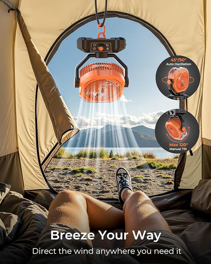 Portable Camping Fan, Misting Desk Fan with Remote, 360ML Water Tank, 16000mAh, 5 Speeds, Timer, 18-70 Working Hours, Battery Operated Fan for RV Camp Hurricane Emergency Orange