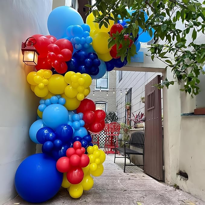 Jobkoo 127 PCS Red Blue Yellow Balloon Garland Arch Kit Cartoon Primary Color Balloons with Gold Circle for Cartoon Theme Carnival Circus Baby Shower Birthday Party Decorations