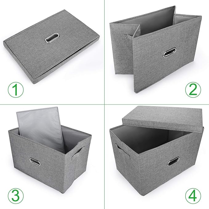 Linen Fabric Collapsible Storage Bins with Removable Lids and Handles, Washable Storage Box Containers Baskets Cube with Cover for Bedroom,Closet,Office,Living Room,Nursery (Khaki, Small)