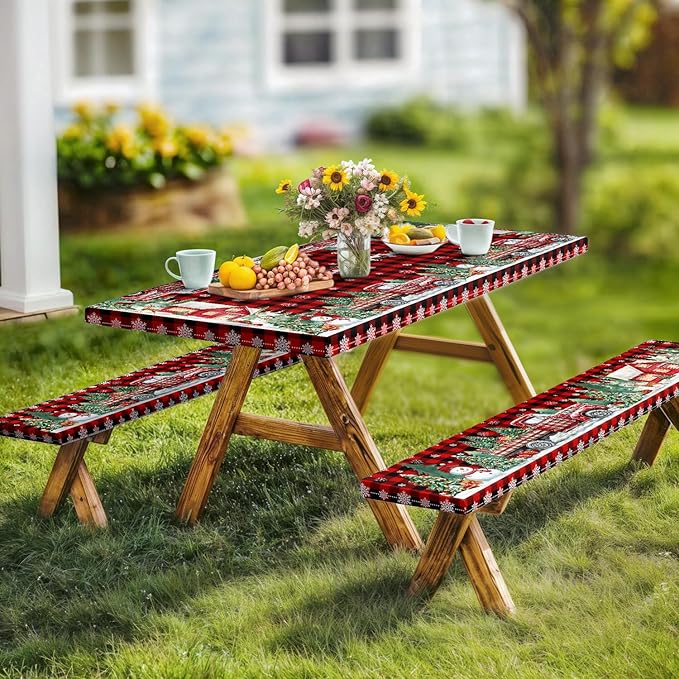 Christmas Picnic Table Cover with Bench Covers and Bag, Camping Essentials, Red Plaid Xmas Waterproof Windproof, Fitted Tablecloth Cover with Elastic Edge, for Indoor & Outdoor, 3 PCS, 30x96 Inch