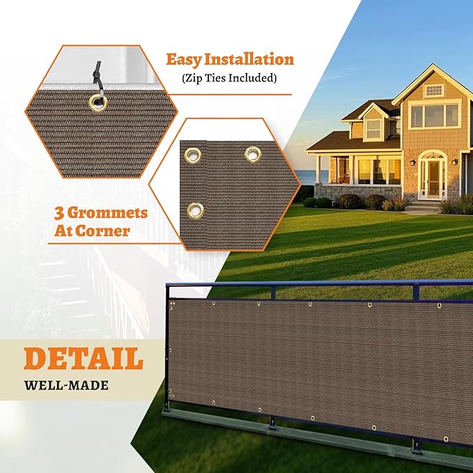 2.5' x 96' Balcony Privacy Screen Fence Cover with Zip Ties Grommets for Apartment Patio Porch Deck Backyard Outdoor (Brown)