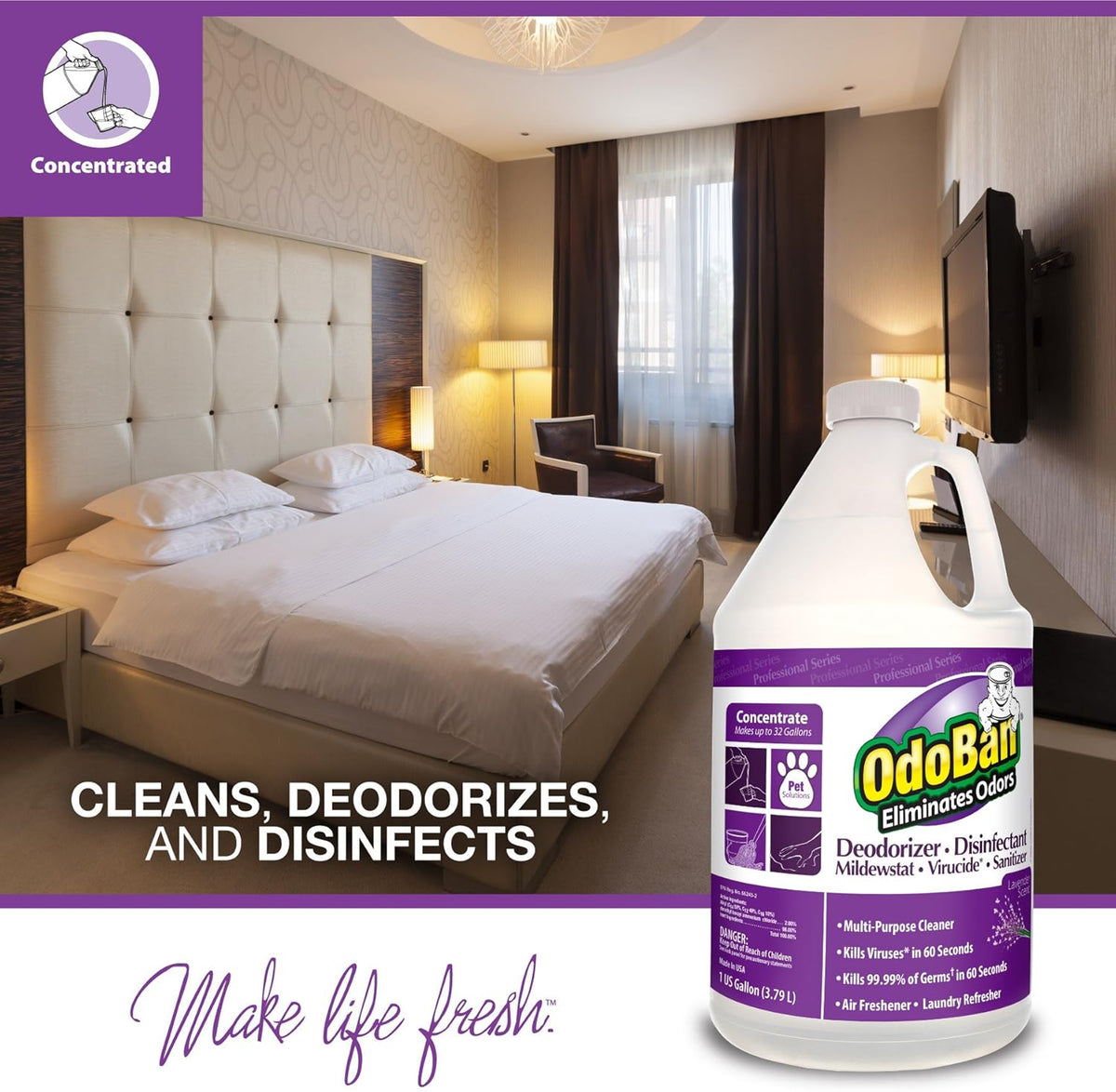 OdoBan Professional Disinfectant and Odor Eliminator Concentrate, Made in the USA, Lavender Scent, 1 Gallon