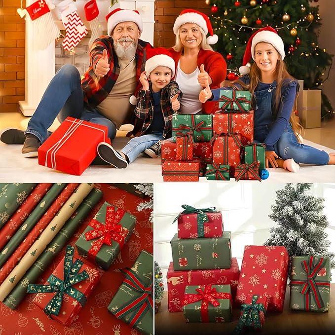 SIWRIOM Christmas Wrapping Paper 7 Pack - Large 29 x 20 Inch Vintage Kraft Gift Wrap Sheets with Holiday Designs (Tree, Snowflake, Reindeer) for Xmas Festive Present Decorations