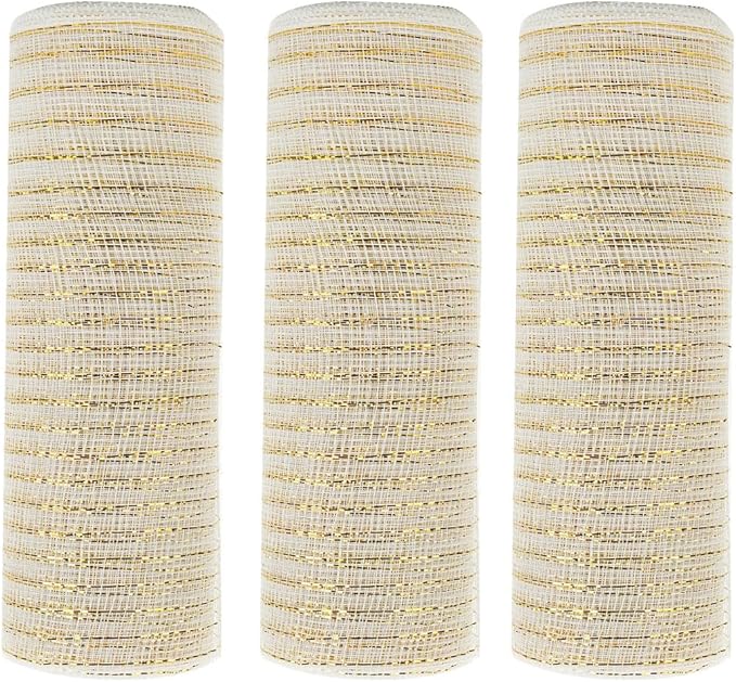 3 Rolls White Deco Mesh Ribbon for Wreath Making Supplies, 10 Inch x 30FT Metallic Foil Burlap Deco Mesh Fabric for DIY Crafts Christmas Tree New Year Wedding Wreath Swags and Decorating