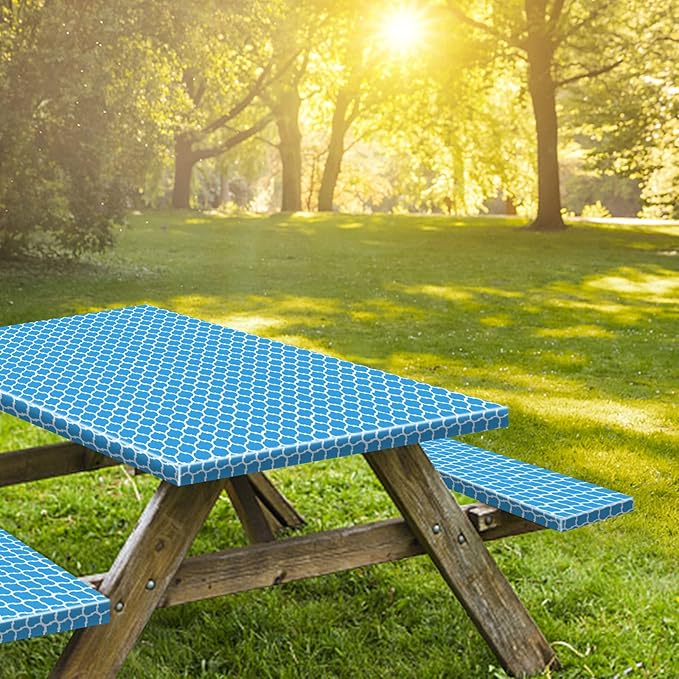 8ft Picnic Table and Bench Cover, Camping Essentials RV Gear, 96 in Waterproof Windproof Outdoor Elastic All Around Tablecloth, Fitted Rectangle Tables and Seats, Blue-White Moroccan