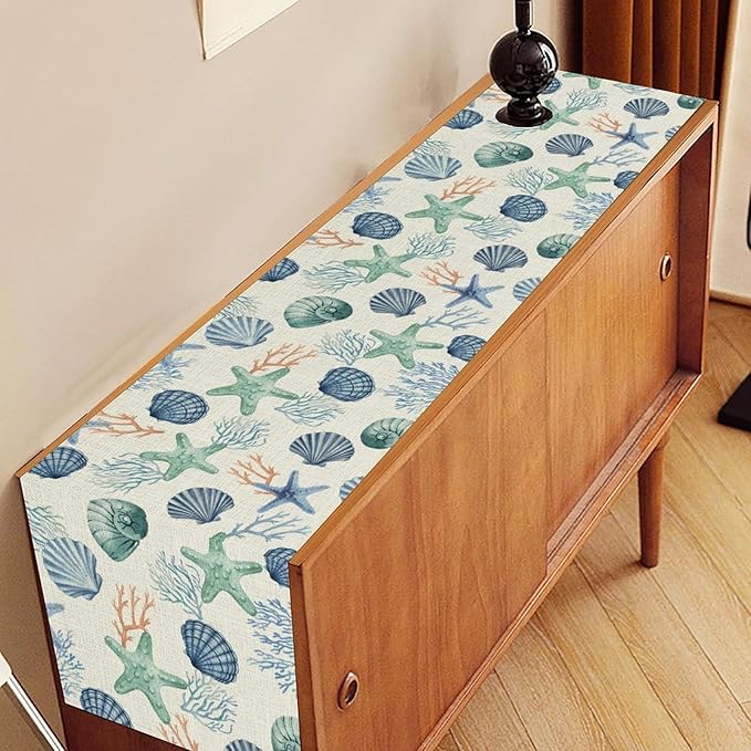 Nautical Table Runner, Summer Sea Coastal Starfish Seashells Coral Tropical Ocean Beach Blue Farmhouse Coffee Table Center Decor for Home Kitchen Dining Patio Indoor Outdoor Table Decorations, 13"x90"