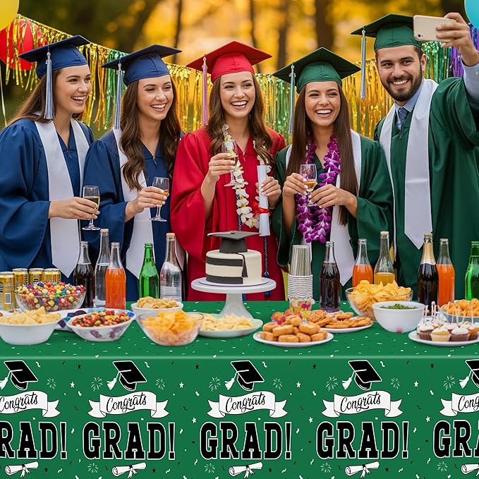 2Pcs Graduation Tablecloth, 108" X 54" Green Graduation Table Decorations 2026, Rectangle Tablecloths for Class 2026 Congrats Grad, Disposable Plastic Tablecover for Grad Decor Party Supplies for Kids