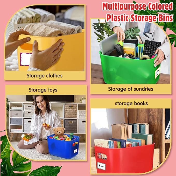 Thyle 24 Pack Vibrant Colorful Plastic Storage Bins with Lids 7 Quart Toy Storage Box Stackable Nestable Organizer Boxes with Handle and Labels for Classroom Shelf Bedroom Desktop Toys School Supplies
